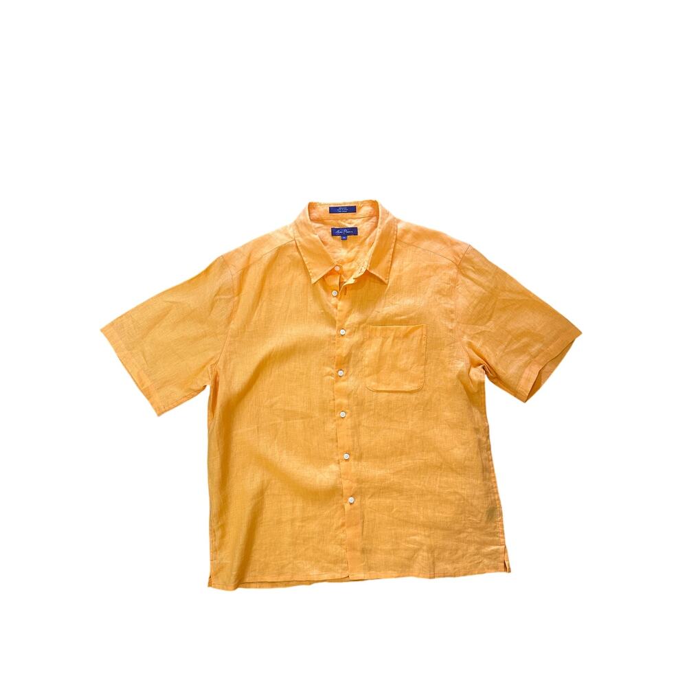 Alan Flusser Sz XL 100% Linen Orange Short Sleeve Button Up Shirt - Nice!